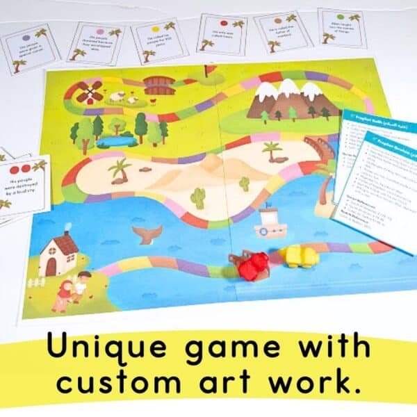 Top view of the Prophets Game board with colorful path, question cards, and Prophet information cards displayed. Text overlay says “Unique game with custom artwork.”