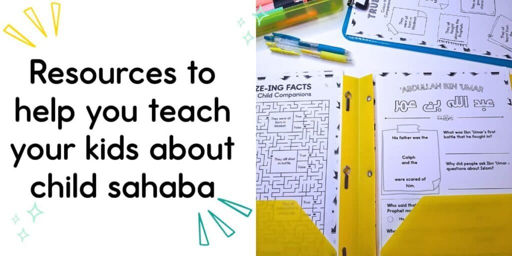 Resources-to-help-you-teach-your-kids-about-child-sahaba featuring review worksheets in a colourful education setting