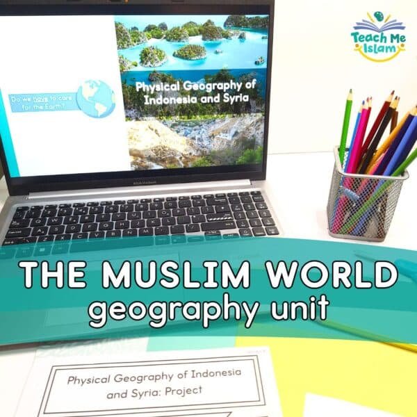 Muslim World Geography Unit showing presentation on laptop and worksheet