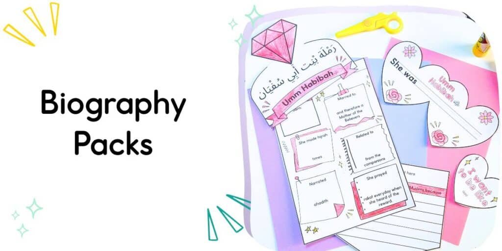 Printable biography pack featuring Umm Habibah with learning activities, crafts and worksheets for children.