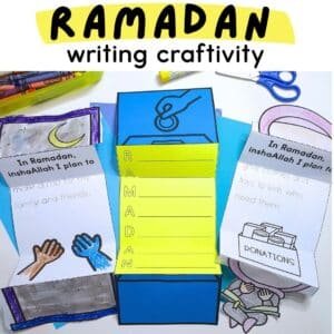 A collection of completed Ramadan crafts featuring toppers like a ramadan night sky and giving charity.