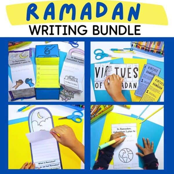 Collage of four images showcasing children completing Ramadan activities: one tracing words on a writing craft, another opening a flap on the flip book, another lifting a flap on the virtues of ramadan activity and the final image of the completed writing crafts with 3 different clipart toppers and writing pages.