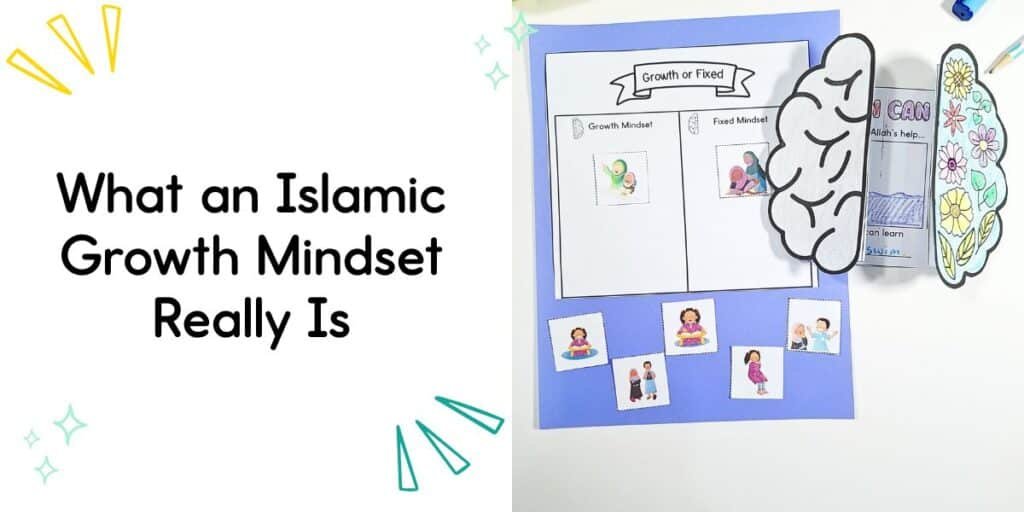 Islamic growth vs fixed mindset sorting activity for children with cut-out character images and a foldable brain craft, part of an SEL unit for Layla Learns Qur’an.