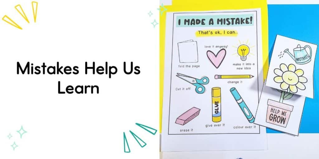 Islamic growth mindset printable titled “I Made a Mistake” with options like erase, glue over it, and make du’aa, encouraging children to learn from errors.