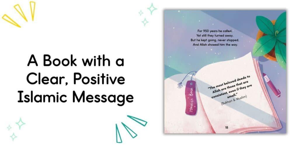 llustration of an open hadith book with an Islamic quote and light decoration, with the caption: “A Book with a Clear, Positive Islamic Message.”