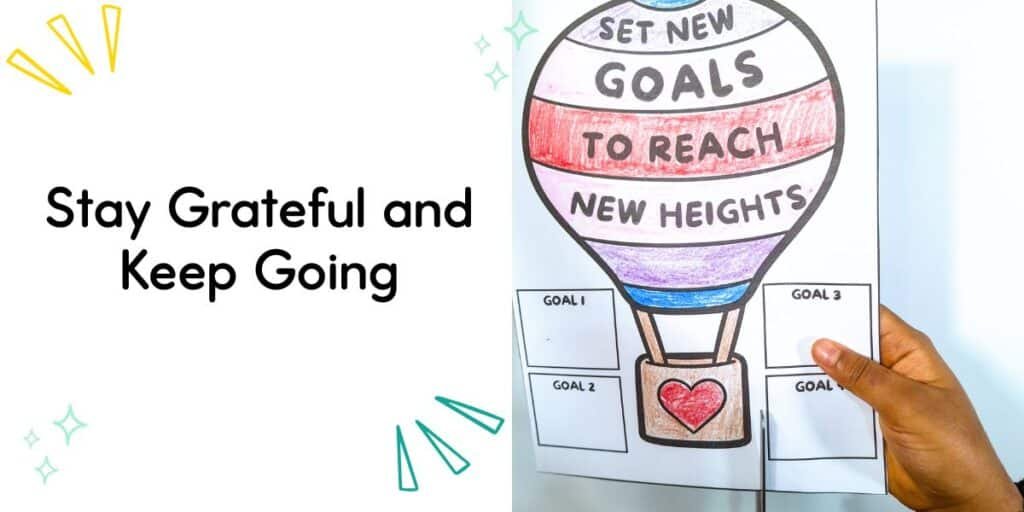 Goal-setting hot air balloon craft titled “Set New Goals to Reach New Heights” encouraging consistency and gratitude in Islamic learning.