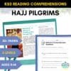 Flat lay of a KS3 reading comprehension page about Malcolm X's Hajj with comprehension questions beside it. Highlights include "50+ pages," "3 levels," and "Ages 11–14."