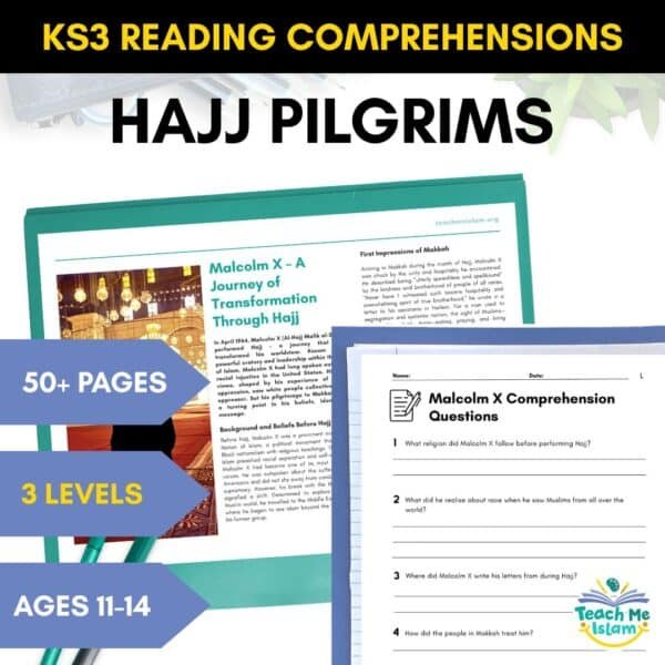 Flat lay of a KS3 reading comprehension page about Malcolm X's Hajj with comprehension questions beside it. Highlights include "50+ pages," "3 levels," and "Ages 11–14."