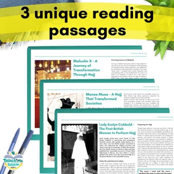 KS3 Islamic Reading Comprehension Pack – Hajj Journeys of Lady Evelyn Cobbold, Malcolm X, and Mansa Musa