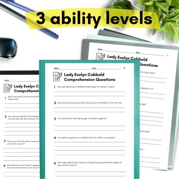 Example comprehension worksheets for Lady Evelyn Cobbold showing different ability levels. Pencils and folders included in the flat lay.