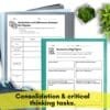 Flat lay of two printable worksheets titled "Similarities and Differences Between the Pilgrims" and "Research a Hajj Pilgrim," aimed at KS3 level. Surrounded by folders and plants.