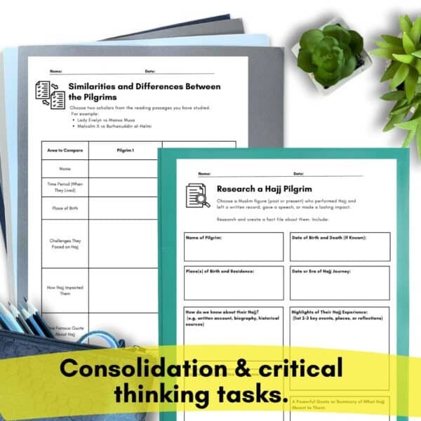 Flat lay of two printable worksheets titled "Similarities and Differences Between the Pilgrims" and "Research a Hajj Pilgrim," aimed at KS3 level. Surrounded by folders and plants.
