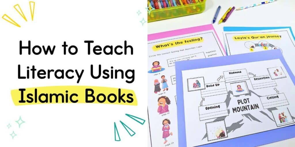 Printable Islamic literacy worksheets featuring plot mountain, feelings chart, and Qur'an journey activities using original artwork from Layla Learns Qur’an.