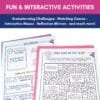 Interactive Islamic activity sheets featuring brainstorming challenges, matching games, and mazes.