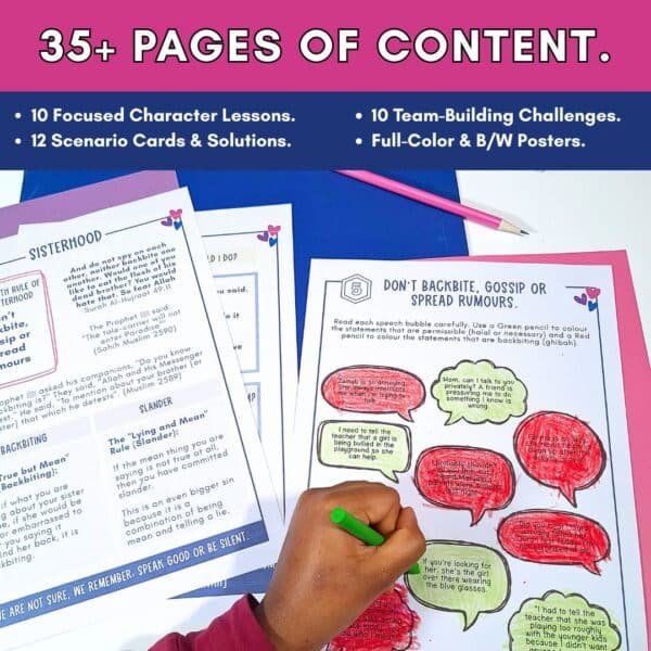 Comprehensive 35-page PDF preview showing Islamic character lessons, posters, and teambuilding games.