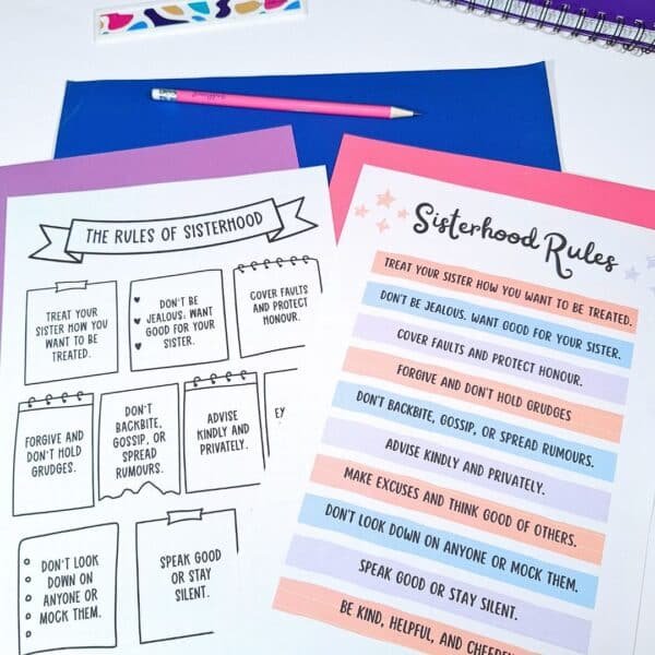 Full-color and black-and-white reference posters listing the 10 Rules of Sisterhood for classroom decor.