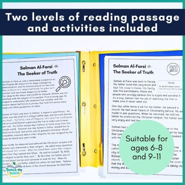 Two differentiated reading passages on Salman Al-Farsi displayed in folders, suitable for ages 6–8 and 9–11, part of an Islamic reading comprehension pack.