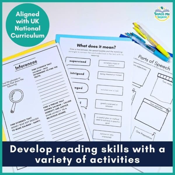 Islamic reading comprehension worksheets on Salman Al-Farsi showing vocabulary, inference, and grammar activities aligned with the UK National Curriculum