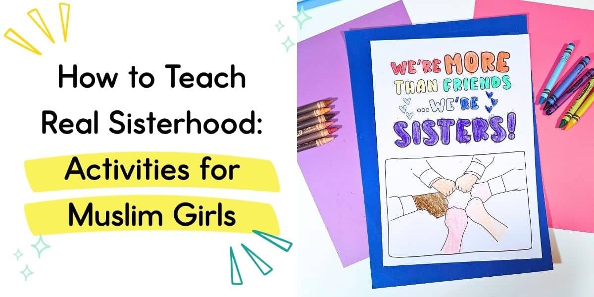 a hand-colored drawing titled "We're more than friends... we're sisters!" depicting multiple hands coming together in a central fist bump, surrounded by crayons and coloured paper.