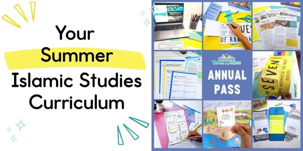 Grid layout of open and go printables included in the Teach Me Islam annual pass islamic studies curriculum library